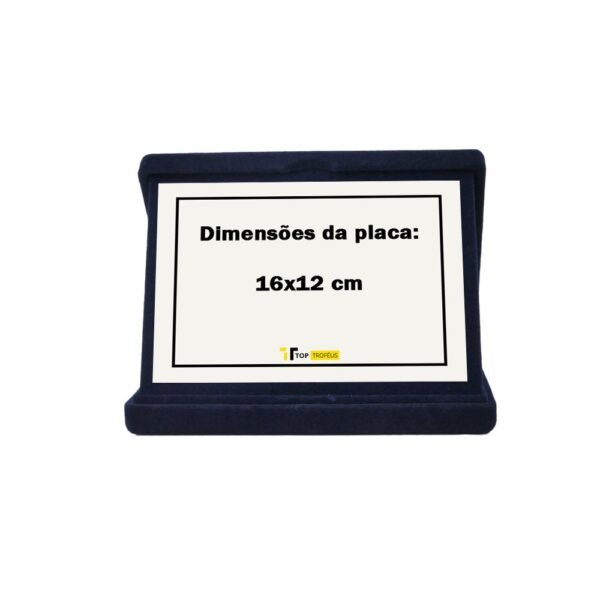 Estojo de veludo 18 x 14 cm com aba azul com o tamanho máximo da placa